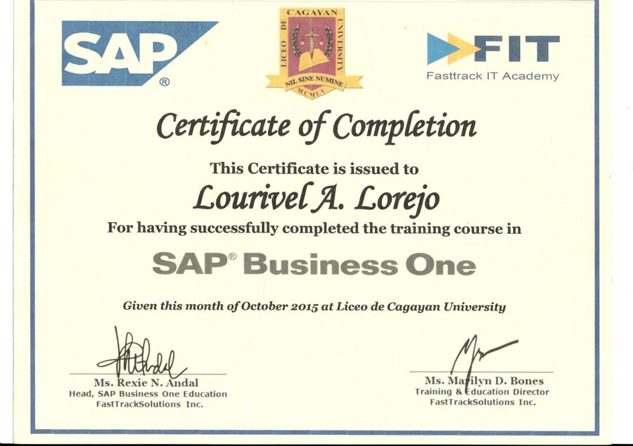 Preview of SAP Business One training certificate